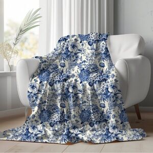 Cottage Core Blanket Blue Floral Bedspread Sofa Throw Blue and White Floral